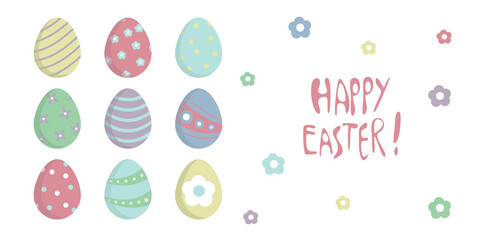 Happy Easter banner. Set of Easter eggs for design . For greeting cards, posters, invitations, digital projects. Copy space.