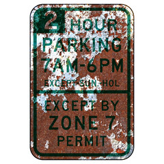 Old rusty American road sign - Parking with time and permit restrictions, Seattle