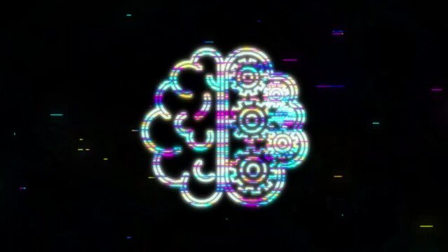 Glitch icon with silhouette man head gears. Mental health concept. Business concept. Motion Graphic