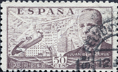 Spain - circa 1939: a postage stamp from Spain, showing a portrait of the engineer and aviation...