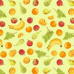 Fruit pattern oranges apples orange slices pears grapes bananas on a light yellow background in vector. Seamless pattern. Fruits and vitamins. Benefits and healthy nutrition. Packaging and label. 