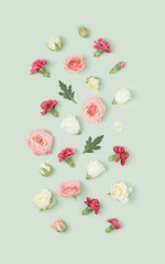 Pastel colored spring flowers layout against the green background. Nature, springtime minimal flat lay.