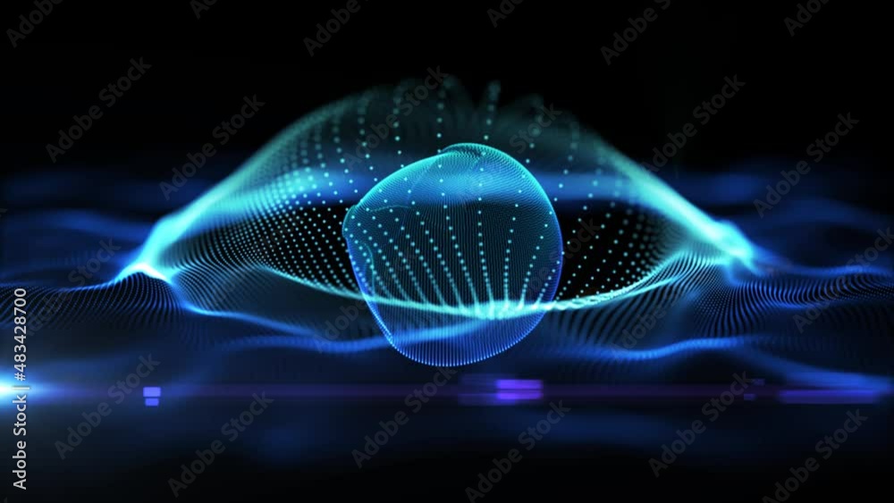 Poster blue abstract concentric spheres technology motion background. smooth digital particles wave animati