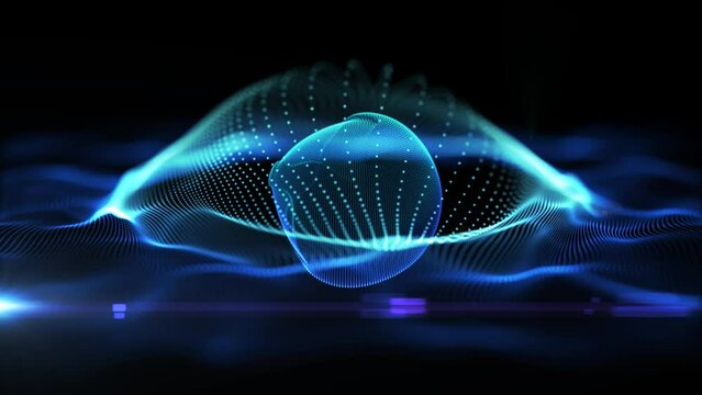 Blue abstract concentric spheres technology motion background. Smooth digital particles wave animation. Seamless loop. Depth of field settings. 3D rendering
