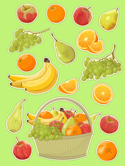 Fruit stickers and fruit basket on a light green background in vector. Stickers fruits bananas oranges apples orange slices pears grapes. Sticker on a fruit basket. Vitamins. Stickers with fruits. 