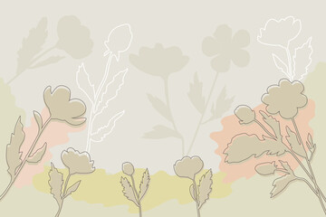 The flowers are beige with beige flower outlines on a light beige light yellow and light pink background in vector. Wallpapers in vector. Flora and plants. Background with flowers for text. 
