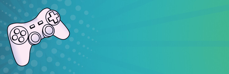 Gamepad for video games. Joystick drawing hand drawn game controller or game pad on green background, horizontal banner concept with text area © Oleksiy Oliinyk