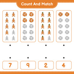 Fototapeta na wymiar Count and match, count the number of Cookies, Gingerbread Man and match with the right numbers. Educational children game, printable worksheet, vector illustration
