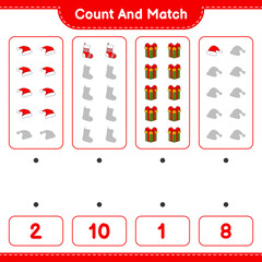 Count and match, count the number of Santa Hat, Gift Box, Christmas Sock and match with the right numbers. Educational children game, printable worksheet, vector illustration