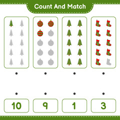 Count and match, count the number of Christmas Tree, Christmas Ball, Christmas Sock and match with the right numbers. Educational children game, printable worksheet, vector illustration