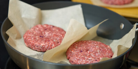 hamburger meat grilling for burgers. Homemade cutlets in frying pan. close up