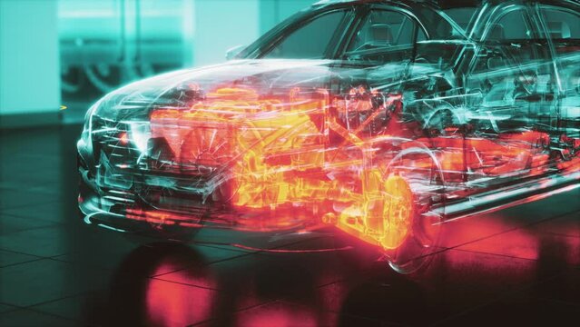 transparent car with engine in laboratory