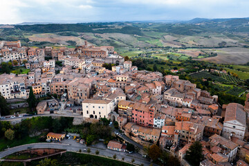 Aerial view of Montepulciano and of the valley Val d'Orcia Crete Province of Siena Tuscany Italy