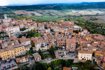 Fototapeta na wymiar Aerial view of Montepulciano and of the valley Val d'Orcia Crete Province of Siena Tuscany Italy