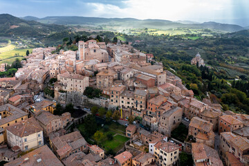 Fototapeta premium Aerial view of Montepulciano and of the valley Val d'Orcia Crete Province of Siena Tuscany Italy