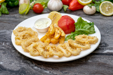 Fried calamari with salad and french fries on white plate