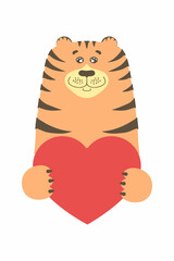 Cute cartoon tiger cat holding a heart sign with copy space. set valentine's day greeting card banner invitation flyer brochure. cartoon hand drawn style. Little animals pets in love, declaration of
