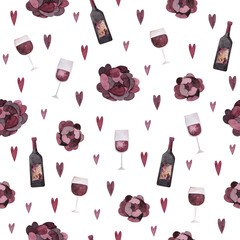 Watercolor seamless pattern with wine, hearts and flowers. Hand-drawn texture for wrapping paper or textile