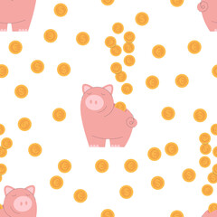 The pattern is seamless. Piggy bank, coins. Money box. Flat vector illustration.