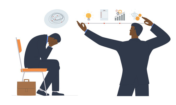 The concept of creating a business idea. The man is in a panic. Businessman demonstrates the process. Idea, plan, work, success. Flat vector illustration.