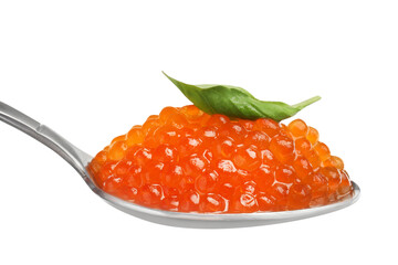 Spoon with delicious red caviar and basil leaf isolated on white