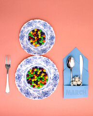 March 8 Women's Day, table set for March 8, background for design on the occasion of March 8, Women's Day, Women's Day in the world