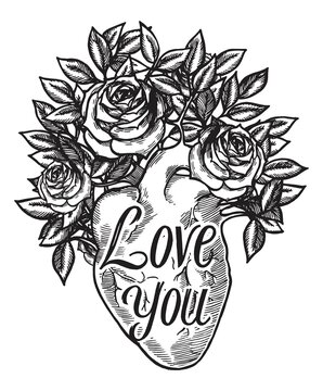 Rose heart. Love you. Vintage realistic heart with rose bush growing out of it. Vintage typography Valentines day t-shirt print vector illustration.