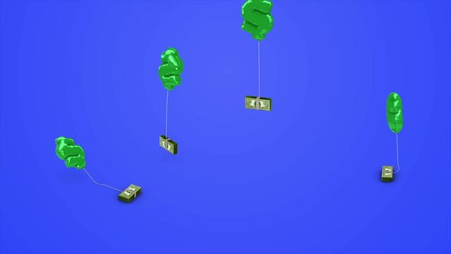 Inflation Balloons Rise with Money Stacks Animation. Group of mylar balloons inflate on blue background tied to stacks of money and rise out of view symbolize financial inflation with matte and ambien