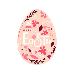 Cute egg with Happy Easter lettering and flowers