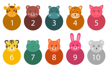 Cartoon cut out number set for kids. Educational numbers from one to ten with funny animas. Mathematics cards for children for playing, learning to count, to put numbers. Badges for counting or math.