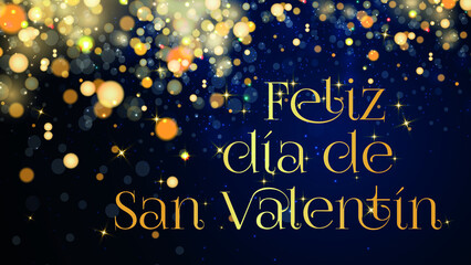 tarjeta o pancarta para un feliz día de San Valentín en oro sobre un fondo degradado azul con círculos y estrellas de color dorado en efecto bokeh