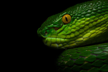 Close-up macro portrait of a red-tailed bamboo pit viper at Cherrapunji, Meghalaya under diffused lighting and a dark background