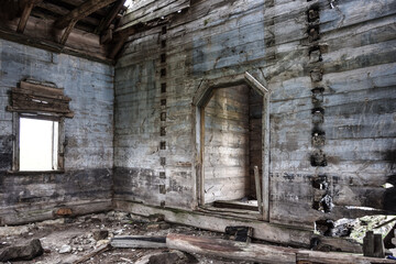 Fototapeta na wymiar wooden walls of abandoned church, wooden abandoned temple