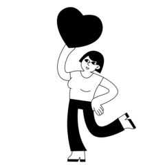 Woman dance with heart. Young female character. Romance and love. Girl with a cute gift.