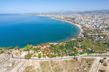 Eastern beach of Side. City of Side. Peninsula. Ruins of the ancient city. Turkey. Shooting from a drone