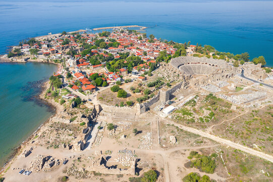 The ancient city of Side. Peninsula. Amphitheater in Side. Tyukhe Temple. Agora. Ruins of the ancient city. Turkey. Shooting from a drone
