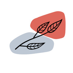 Plant on background of colored spots. Black botanical branch and grey and red geometric abstract pattern in a minimalist style. Line Doodle object