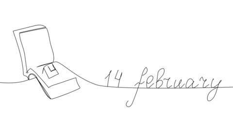 Happy valentines day continuous line drawing. One line art of english hand written lettering with tear-off calendar with date, 14 february greeting card.
