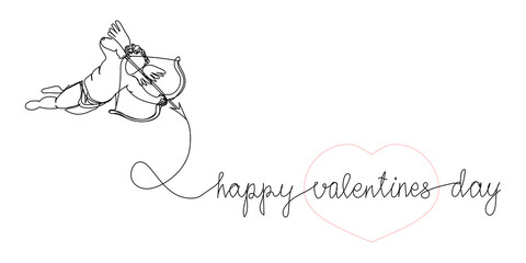 Happy valentines day continuous line drawing. One line art of english hand written lettering with cupid, angel, arrow, heart, 14 february greeting card.