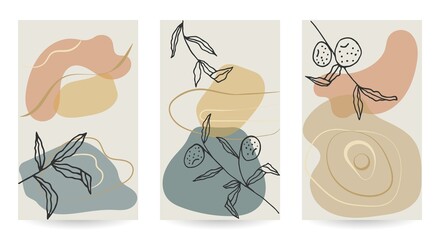 Set of vector abstract illustrations for wall decoration. Minimalist aesthetic bohemian print with floral and abstract shapes. Earthy tones.