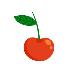 Cherry. Red berry with twig and a leaf. Sweet, fresh food. Flat cartoon illustration isolated on white