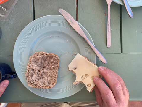 High Angle View Of Eating Cheese Bred