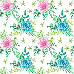Watercolor seamless pattern garden flowers rose and pionia