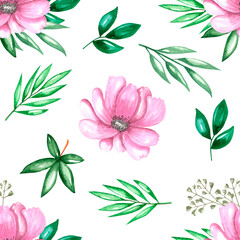Watercolor seamless pattern garden flowers rose and pionia