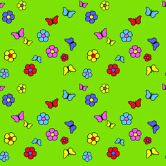 Seamless green background with multicolored flowers and butterflies