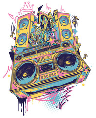 Musical boom box tape recorder and speakers with graffiti arrows, colorful hand drawn music design