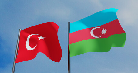 Azerbaijan and Turkey two flags on flagpoles and blue sky.3D illustration