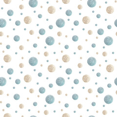 Watercolor seamless pattern with silver and golden dots on white background.