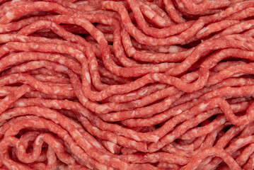 Beef mince meat texture background, raw minced meat in close-up in top view