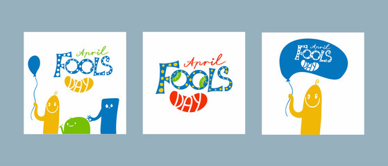 Fototapeta premium Greeting cards for April Fool s Day. Monsters play tricks on each other